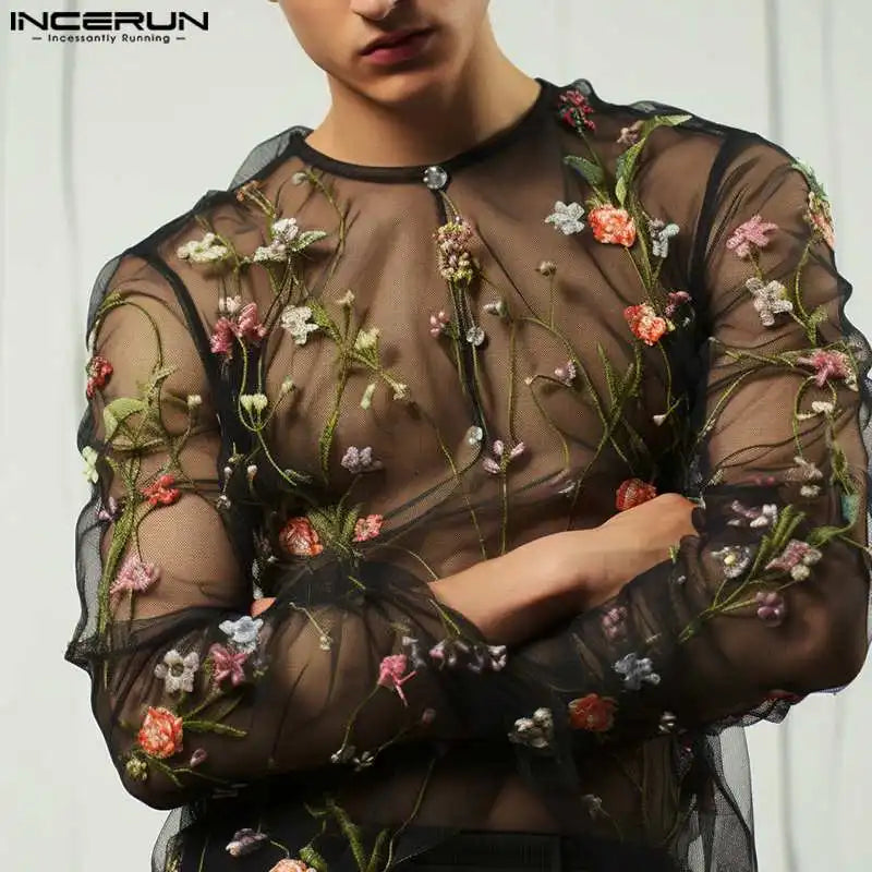 INCERUN Tops 2024 American Style Fashion Men Perspective Mesh Print Pattern T-shirt Sexy Thin O-neck Long Sleeved Camiseta S-5XL