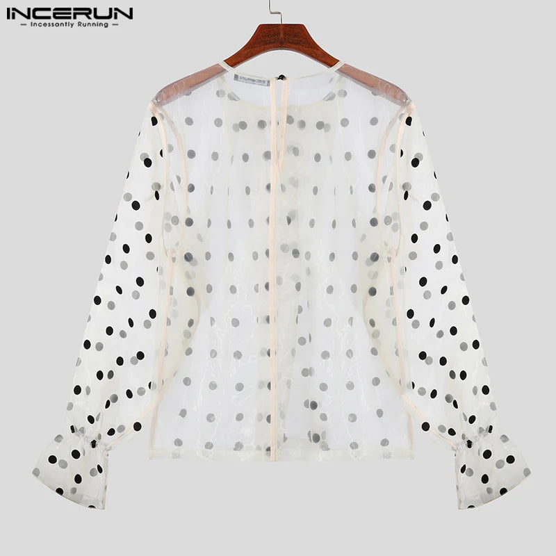 Fashion Casual Style Tops INCERUN New Men's High Neck Polka Dot Perspective Shirts Clubwear Thin Puff Long Sleeved Blouse S-5XL