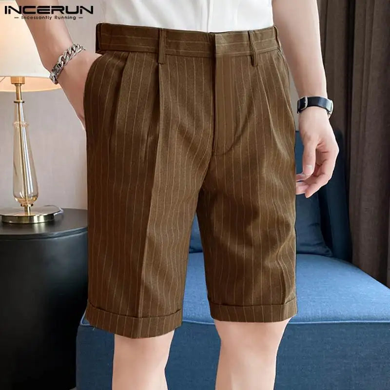 INCERUN 2023 Korean Style Men's Striped Business All-match Shorts Casual Streetwear Male Comfortable Straight Split Shorts S-5XL