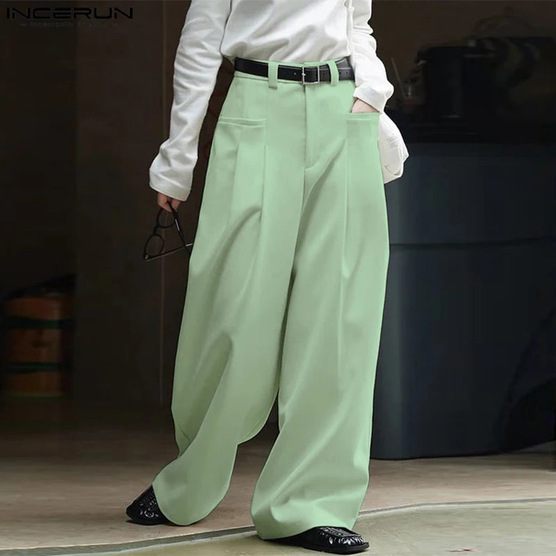 INCERUN 2024 Korean Style Trousers Mens Personality Pleated Pocket Long Pants Casual Hot Sale Solid Straight Leg Pantalons S-5XL