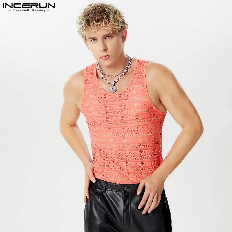 INCERUN Tops 2024 Amerikanischen Stil Herren Sexy Mesh Perspektive Design Westen Sommer Mode Männlichen Heißer Verkauf Ärmellose Tank Tops S-5XL