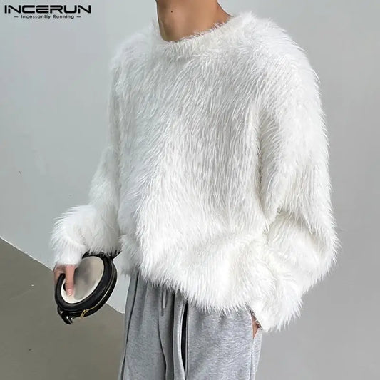 2023 Men Pullovers Solid Color Plush O-neck Long Sleeve Fashion Casual Men Clothing Streetwear Autumn Sweaters S-5XL INCERUN