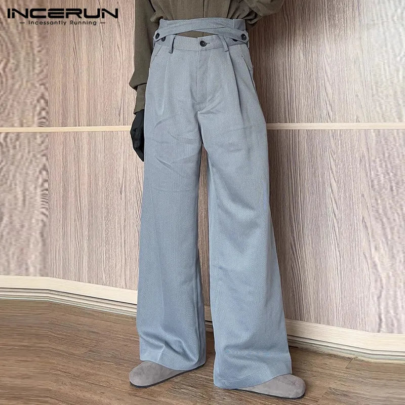 INCERUN 2024 Korean Style Mens Trousers Fashion High Waisted Crossover Design Long Pants Streetwear Straight Leg Pantalons S-5XL