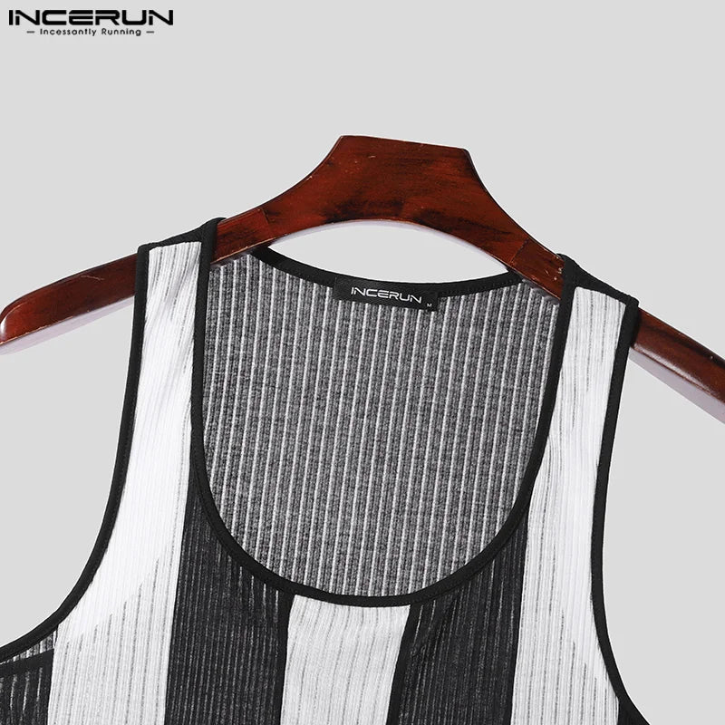 INCERUN Men Tank Tops Summer Sleeveless Fashion Transparent Tops Tee Men Clothing Streetwear Striped Chemise Oversized S-5XL