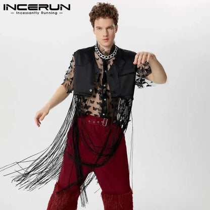 Fashion Casual Style Tops INCERUN 2024 Handsome Mens Solid Patchwork Long Tassel Vests Sexy Male Thin Sleeveless Tank Tops S-5XL