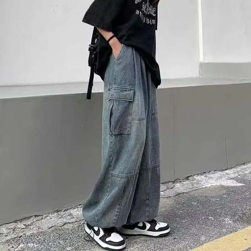 HOUZHOU Y2k Baggy Cargo Jeans for Men Oversize Wide Leg Denim Pants Male Hip Hop Trousers Pockets Streetwear Loose Patchwork