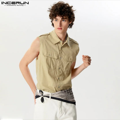 Handsome New Mens Tops INCERUN 2024 Double Bag Design Loose Shirts Casual Streetwear Male Hot Sale Sleeveless Solid Blouse S-5XL