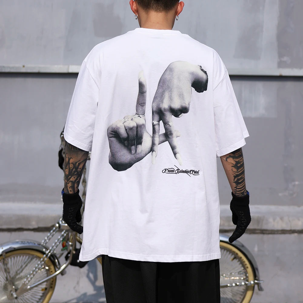 T-shirt d'été Y2K à manches courtes pour homme et femme, imprimé mains, doigts, croix, blanc, noir, streetwear, décontracté, col rond