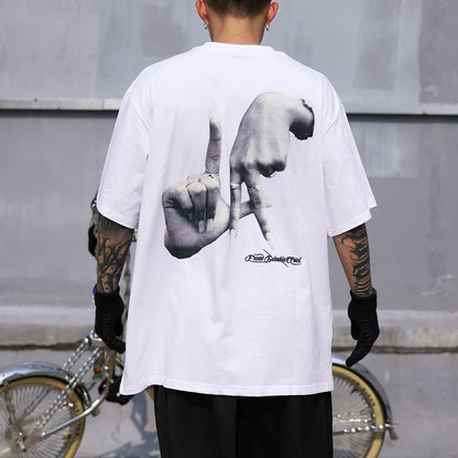 Hands Finger Cross Print White Black Summer Y2K Tshirts for Men and Women Short Sleeve Streetwear Casual Tees Crew Neck T-shirt