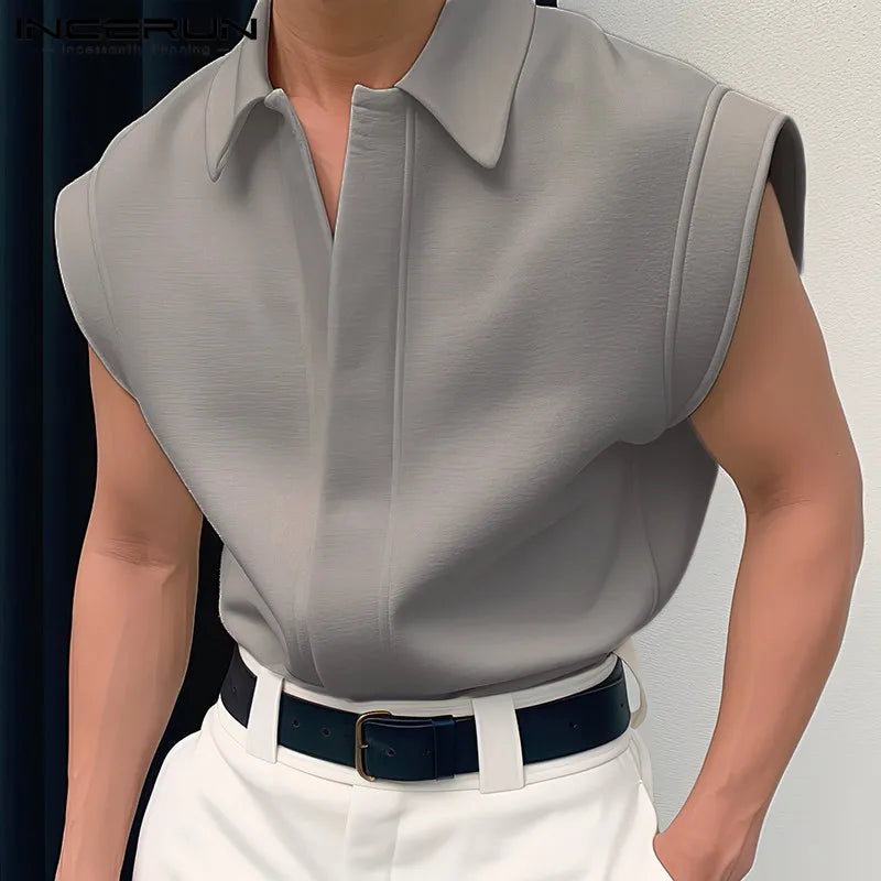 INCERUN Tops 2024 Korean Style New Men Simple All-match Shirts Stylish Streetwear Male Solid Color Lapel Sleeveless Blouse S-5XL