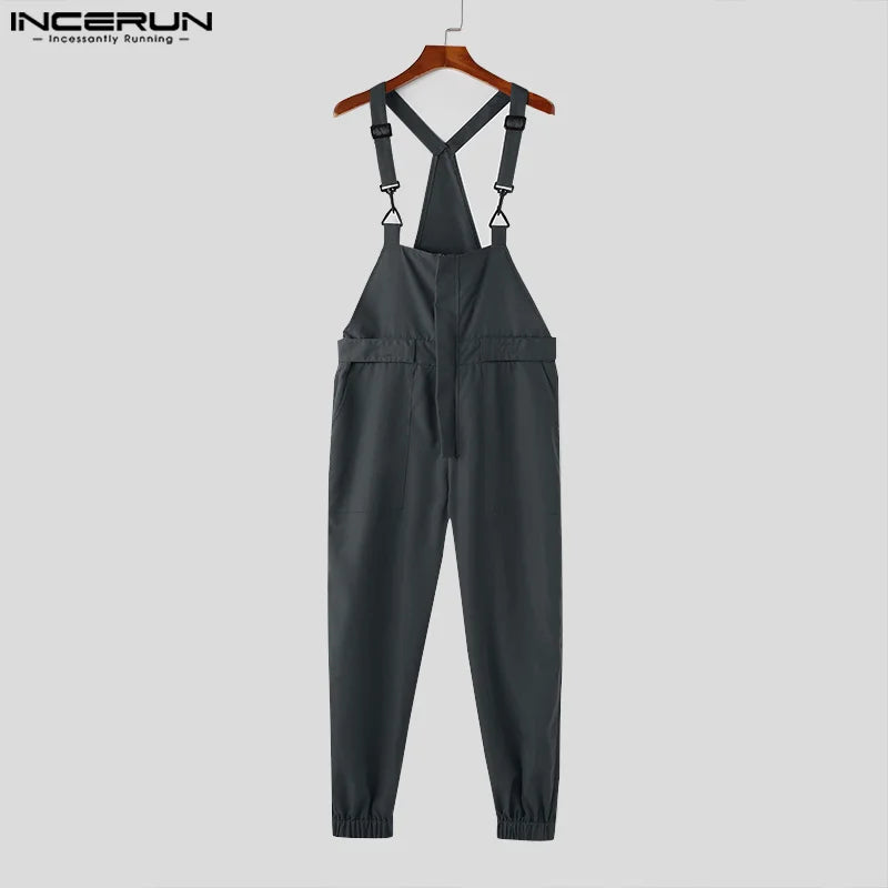 INCERUN 2024 Korean Style Bodysuits Men's Cargo Overall Jumpsuits Casual Well Fitting Male Summer Solid All-match Rompers S-5XL