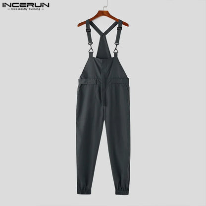 INCERUN 2024 Korean Style Bodysuits Men's Cargo Overall Jumpsuits Casual Well Fitting Male Summer Solid All-match Rompers S-5XL