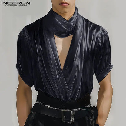 Sexy Stylish Style Tops INCERUN 2024 Men's Flash Satin Design T-shirt Casual Streetwear Hot Selling Short Sleeved Camiseta S-5XL