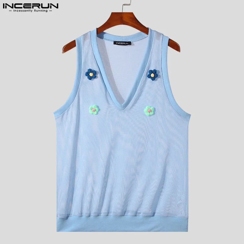 INCERUN Tops 2024 Korean Style Men's Hollow V-neck Flower Decorative Vests Summer Casual Personality Sleeveless Tank Tops S-5XL