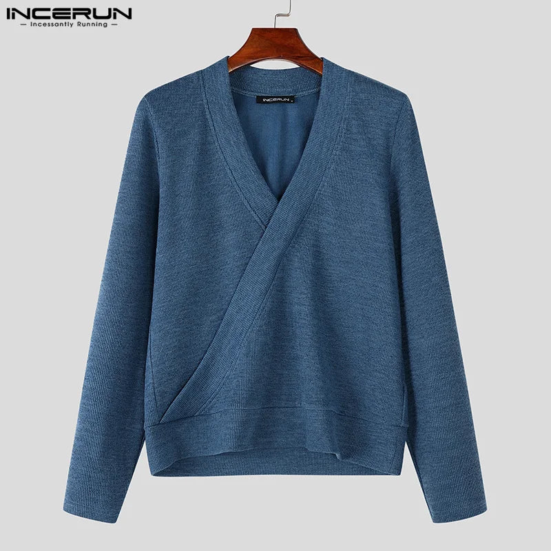 INCERUN Tops 2024 American Style Stylish Sexy Men V-neck Textured Striped Sweaters Streetwear Solid Long Sleeved Pullovers S-5XL