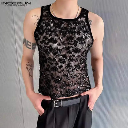 Stylish Sexy Style Tops INCERUN New Mens Mesh Hollow Sequin Glitter Fabric Vests Casual Clubwear Sleeveless Thin Tank Tops S-5XL