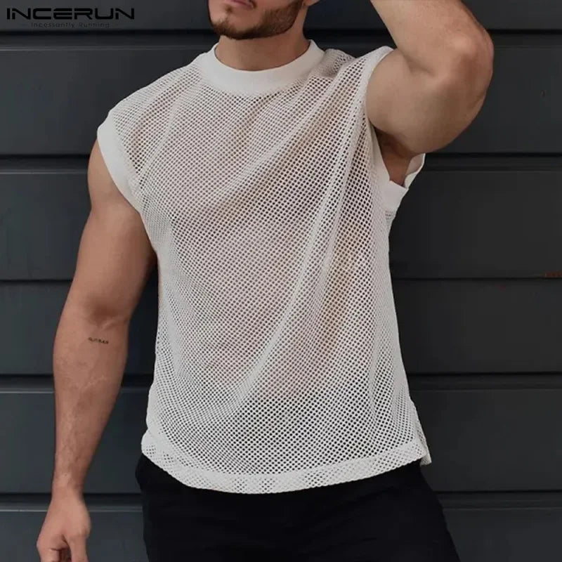 Party Nightclub Style Tops INCERUN Men's Perspective Hollow Mesh Vests Stylish Clubwear Hot Sale Thin Sleeveless Tank Tops S-5XL