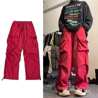 HOUZHOU Schwarze Cargohose für Herren, Hip Hop, graue Cargohose für Herren, rot, Frühling, Baumwolle, lockere Freizeithose, Streetwear, Hip Hop, Tasche