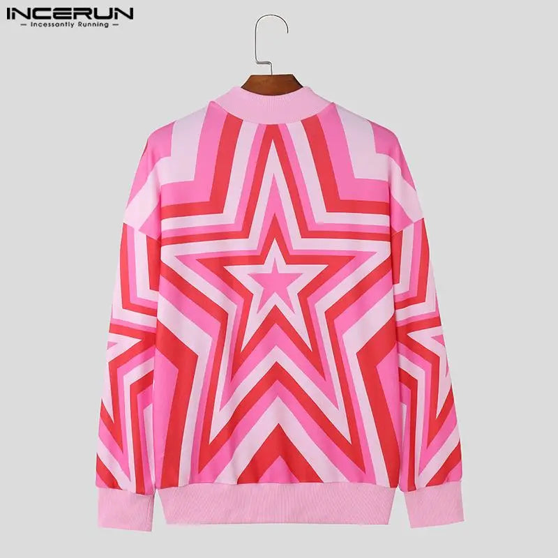 Fashion Handsome Men's Tops INCERUN Hot Sale Gradient Star Printed Pullover Casual High Neck Pullover Long Sleeved Sweater S-5XL