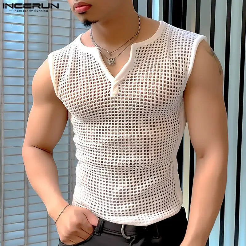 2024 männer Tank Tops Mesh Aushöhlen Solide V-ausschnitt Ärmelloses Streetwear Männlichen Westen Transparent Sommer Mode Männer Kleidung INCERUN