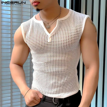 2024 Men Tank Tops Mesh Hollow Out Solid V Neck Sleeveless Streetwear Male Vests Transparent Summer Fashion Men Clothing INCERUN