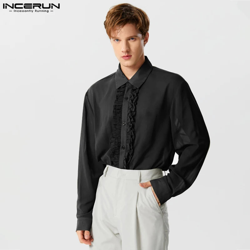 Mode Casual Style Tops INCERUN Neue Herren Chiffon Transparent Rüschen Knopfleiste Shirts Männliche Dünne Langarm Revers Bluse S-5XL