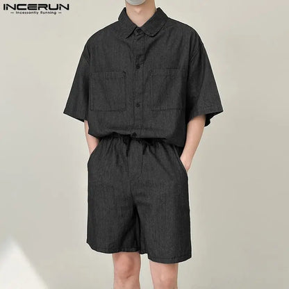 INCERUN 2024 Korean Style Sets Stylish Men's Short Sleeved Shirts Shorts Leisure Streetwear Male Solid Color Suit 2 Pieces S-5XL