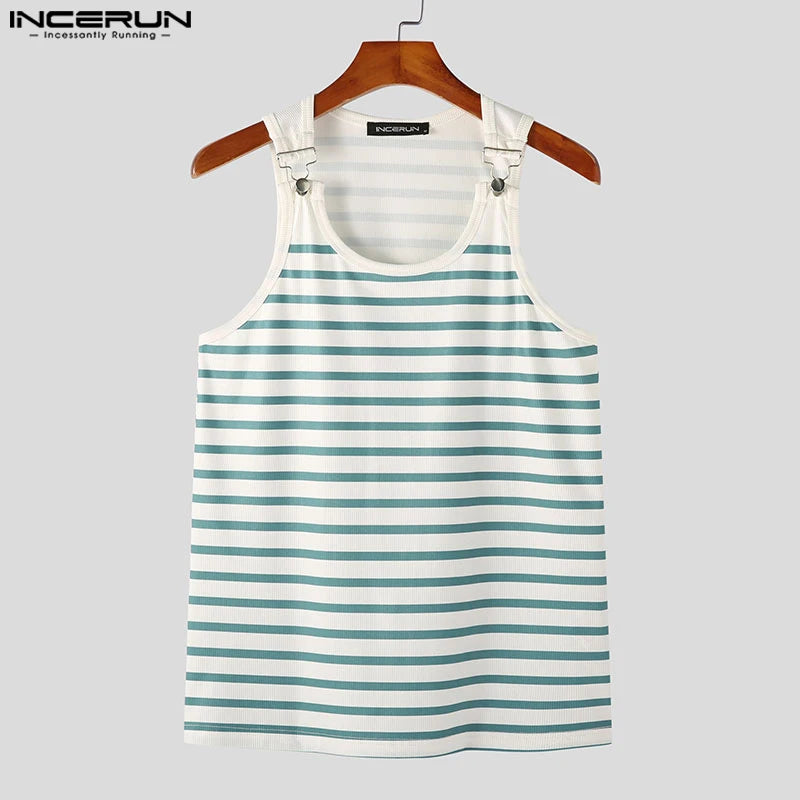 Mode Casual Style Tops INCERUN Männer Horizontale Streifen Blau &amp; Weiß Riemen Schnalle Westen Hübsche Herren Sport Strick Weste S-5XL