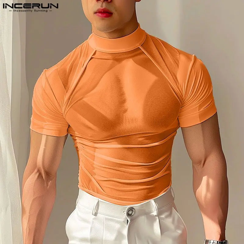 INCERUN Tops 2024 Koreanische Stil Neue Männer Sexy Mesh Sehen Durch T-shirts Mode Männlichen Hälfte Stehkragen Kurzarm camiseta S-5XL