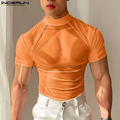 INCERUN Tops 2024 Koreanische Stil Neue Männer Sexy Mesh Sehen Durch T-shirts Mode Männlichen Hälfte Stehkragen Kurzarm camiseta S-5XL