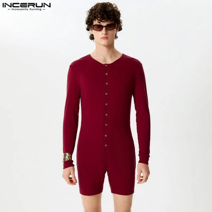 INCERUN 2024 Sexy Men Rompers Open Front Solid Knitted Long Sleeved Jumpsuits Male Comfortable O-Neck Flat Angle Bodysuits S-5XL