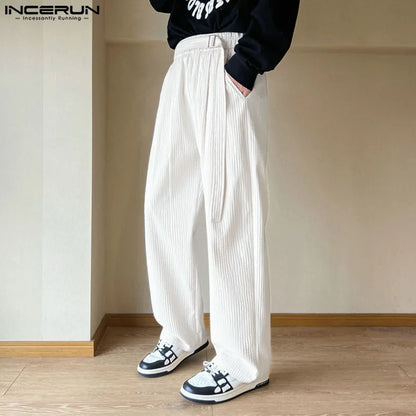 INCERUN 2024 Korean Style Trousers Men's Pleated Striped Loose Pants Casual Solid Comfortable Drape Straight Leg Pantalons S-5XL