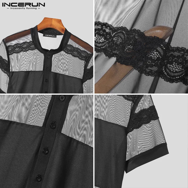 INCERUN Tops 2024 American Style Sexy Men See-through Lace Mesh Splicing T-shirt Male Clubwear Thin Short Sleeved Camiseta S-5XL