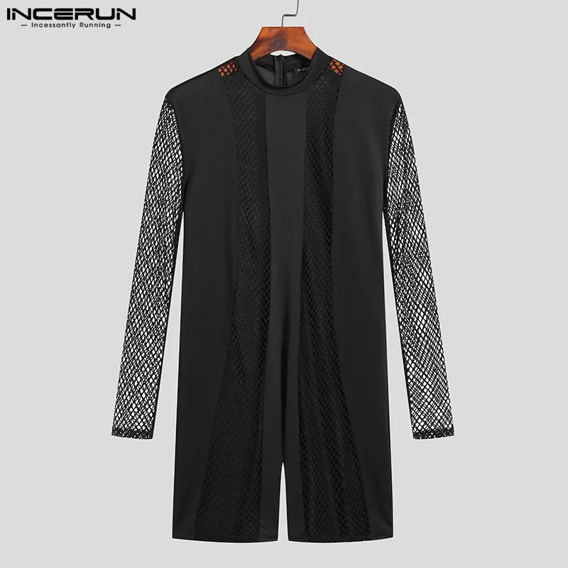 INCERUN Sexy Mesh Loungewear Nouveaux Hommes Transparent Mesh Body Sexy Élégant Mâle Épissage Solide Manches Longues Barboteuses S-5XL 2024