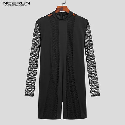 INCERUN Sexy Mesh Loungewear New Men See-through Mesh Bodysuit Sexy Stylish Male Splicing Solid Long-sleeved Rompers S-5XL 2024