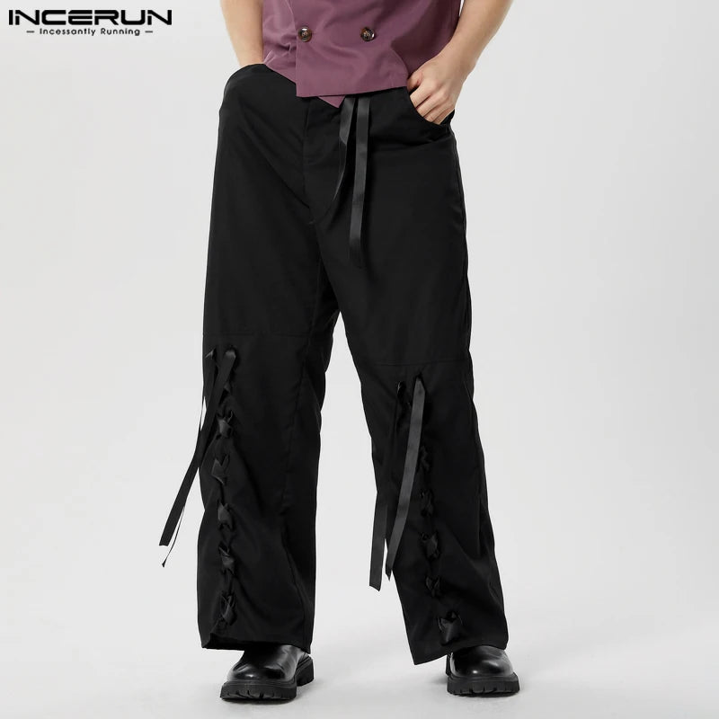 INCERUN 2024 Pantalon de style américain pour hommes, pantalon de conception de cravate de ruban de nœud de personnalité, pantalon décontracté de streetwear à jambe droite S-5XL