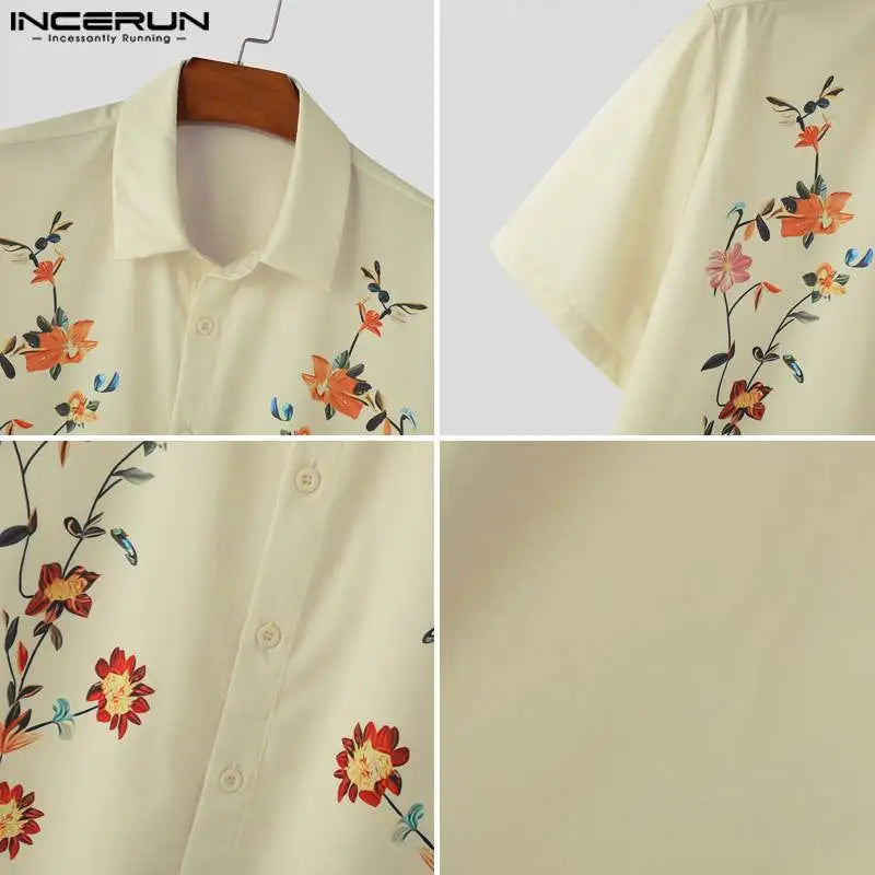 INCERUN Tops 2024 Korean Style Stylish Men's Personality Printed Floral Shirt Summer Streetwear Short Sleeved Lapel Blouse S-5XL