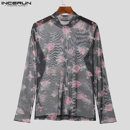 INCERUN Tops 2023 American Style Mens Printed Half High Collar See-through Mesh T-shirts Casual Thin Long Sleeved Camiseta S-5XL