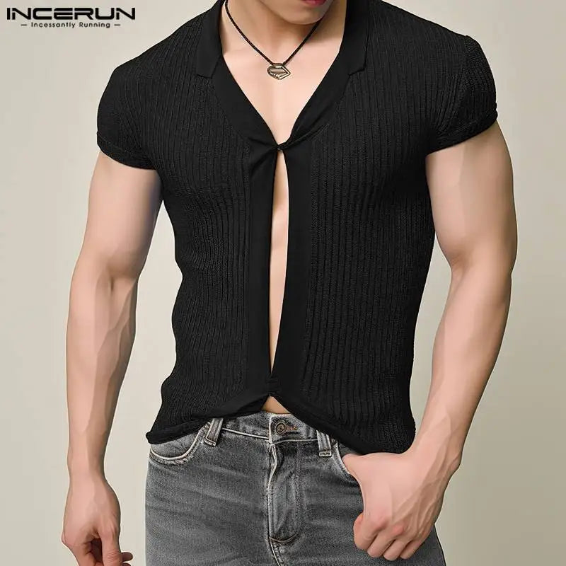 INCERUN Tops 2024 Stylish New Men's Center Hollowed Patchwork Striped T-shirts Leisure Solid V-neck Short Sleeved Camiseta S-2XL