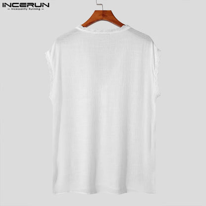 INCERUN Tops 2024 Koreanischen Stil Herren Casual Perspektive V-Ausschnitt Westen Mode Unregelmäßige Linie Spleißen Ärmellose Tank Tops S-5XL