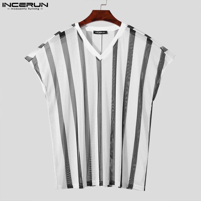 Fashion Casual Style Tops INCERUN New Mens Large Stripe T-shirts Streetwear Male Personality V-neck Short Sleeved Camiseta S-5XL