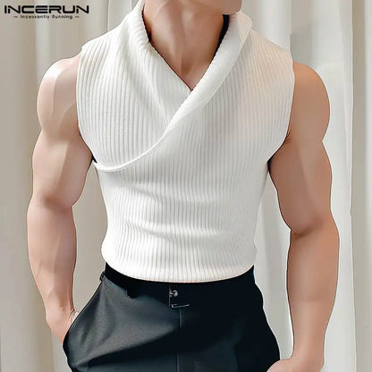 2024 Men Tank Tops Solid Color V Neck Sleeveless Knitted Casual Male Vests Streetwear Summer Fashion Men Clothing S-5XL INCERUN