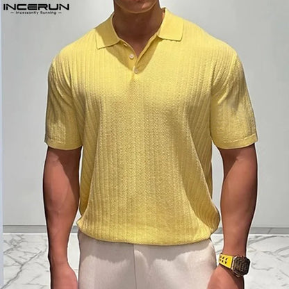 INCERUN Tops 2024 Korean Style Men Summer Texture Knitted Design Shirts Casual Streetwear Solid Short Sleeved Lapel Blouse S-5XL