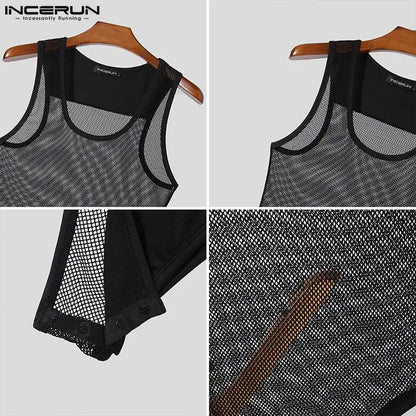 2024 Men Bodysuits Mesh Patchwork Sexy O-neck Sleeveless Male Bodysuit Transparent Skinny Rompers Men's Underwear S-5XL INCERUN