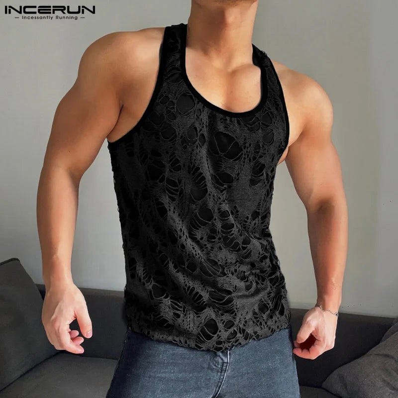 INCERUN Tops 2024 Korean Style Fashion Men's Hollowed Texture Sleeveless Vests Casual Streetwear Hot Sale Summer Tank Tops S-5XL