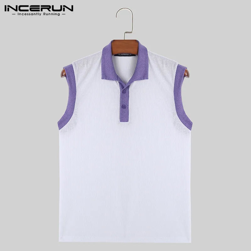 INCERUN Tops 2024 Korean Style Men's Knitted Contrast Color Design Vests Casual Streetwear Male Sleeveless Lapel Tank Tops S-5XL