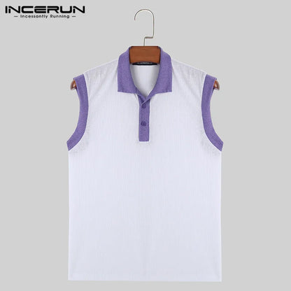 INCERUN Tops 2024 Koreanischen Stil Herren Gestrickte Kontrast Farbe Design Westen Casual Streetwear Männlichen Ärmelloses Revers Tank Tops S-5XL