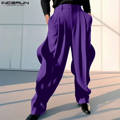 INCERUN 2024 American Style Pantalons Stylish New Men Irregular Silhouette Pants Casual Party Show Solid Wide-leg Trousers S-5XL