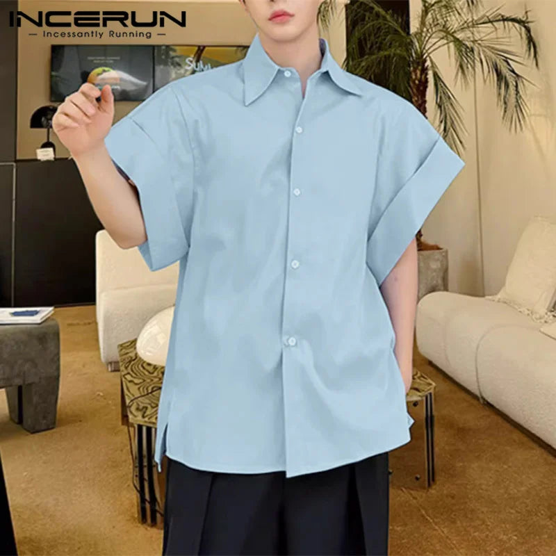 INCERUN Tops 2024 Koreanischen Stil Herren Solide Große Manschette Design Shirts Casual Einfache Sommer Solide Lose Kurzarm Bluse S-5XL