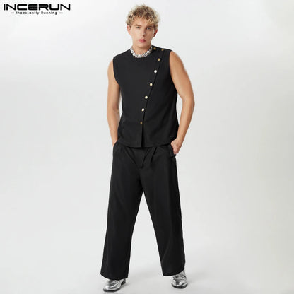 INCERUN 2024 American Style Stylish Sets Handsome Men Diagonal Front Design Tank Tops High Waist Pant Casual Suit 2 Pieces S-5XL